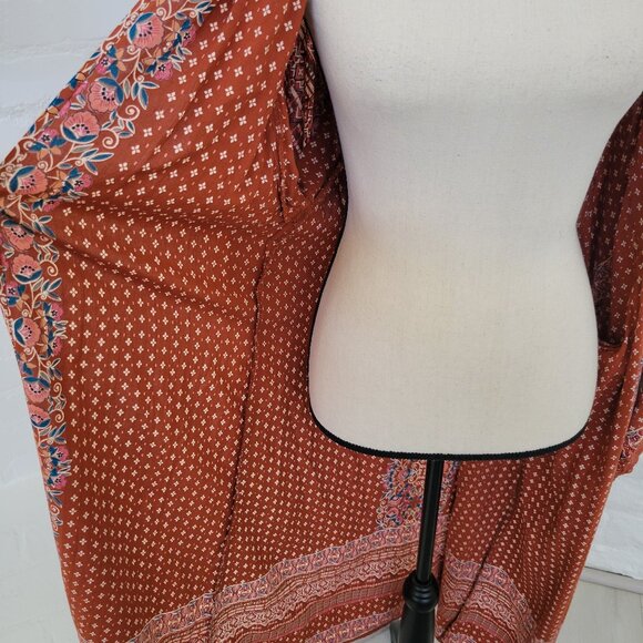 Angie Womens Kimono Duster Small Long Rust Orange Red Floral Polka Dot Pattern - Picture 10 of 10